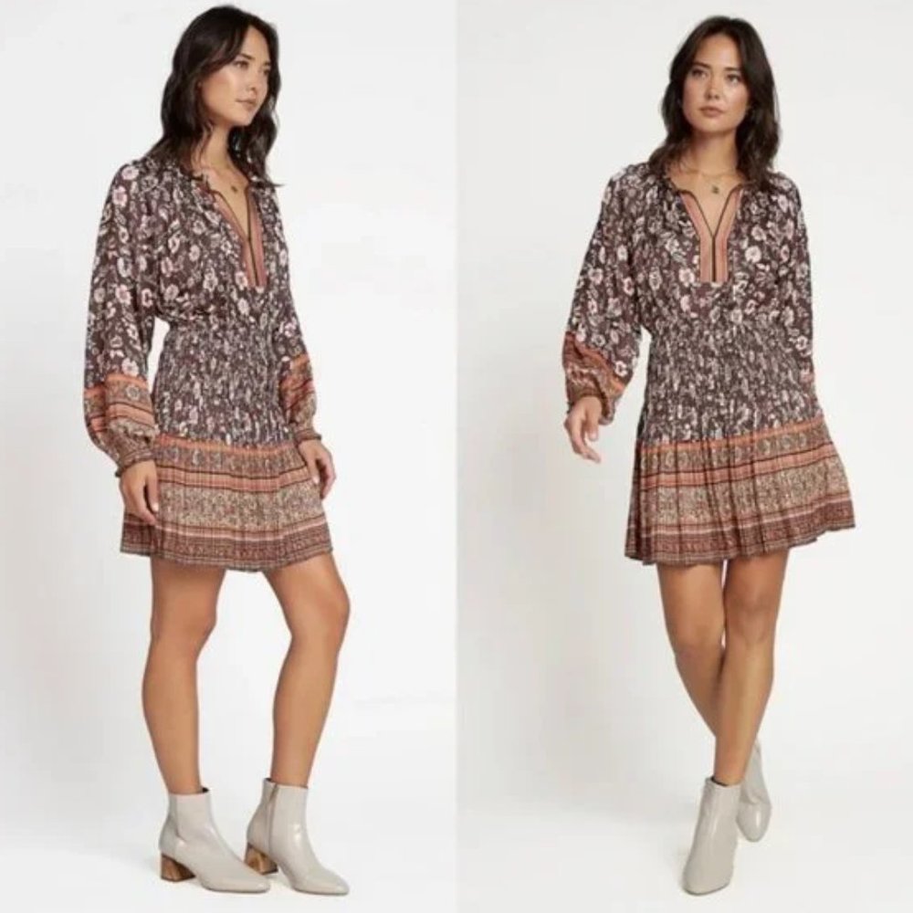 Anthropologie Current Air Floral Border Smocked Pleated Print Dress NWT